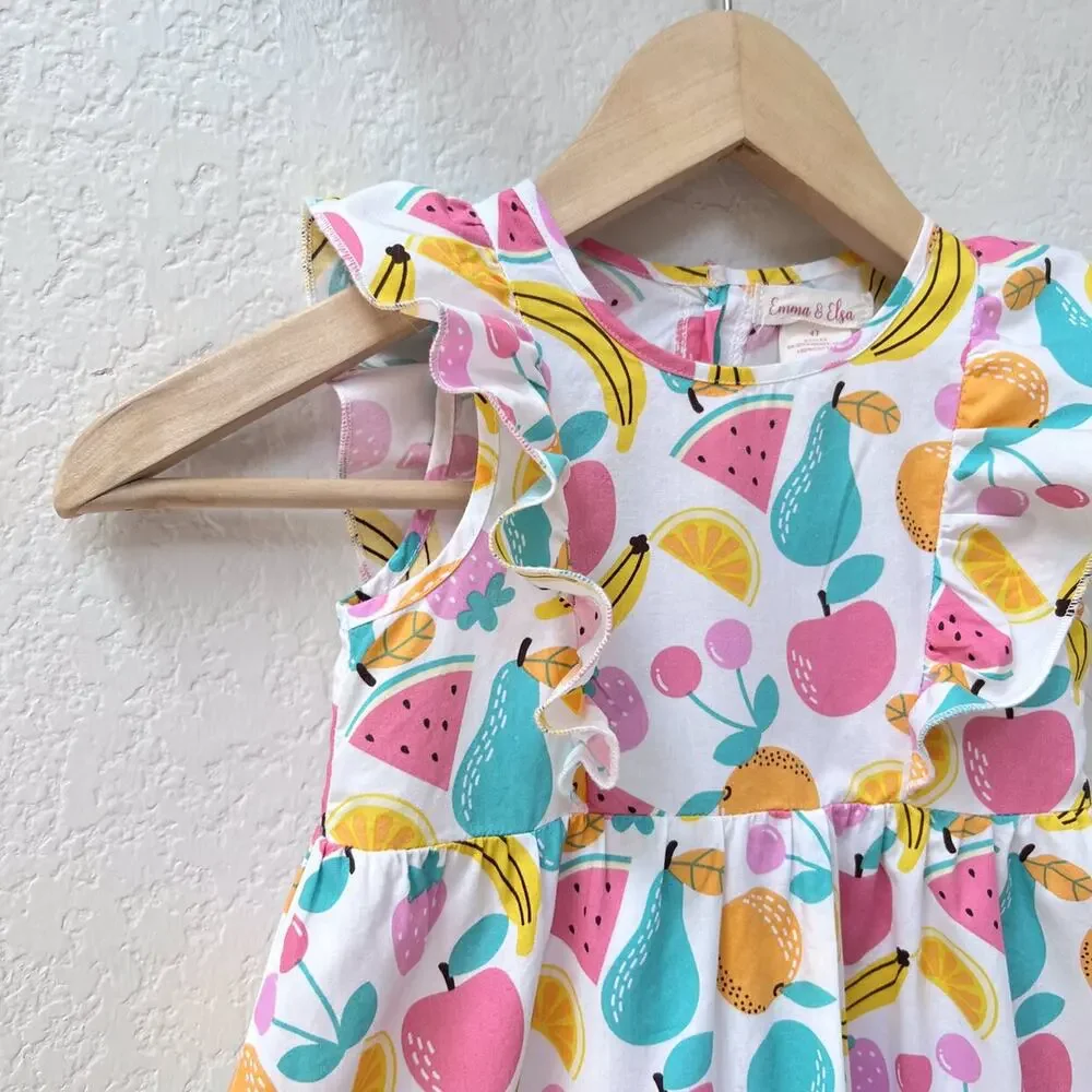 🌵3/$20 Emma & Elsa Girls Fruit Print Ruffle Dress Size 4T Cotton Summer